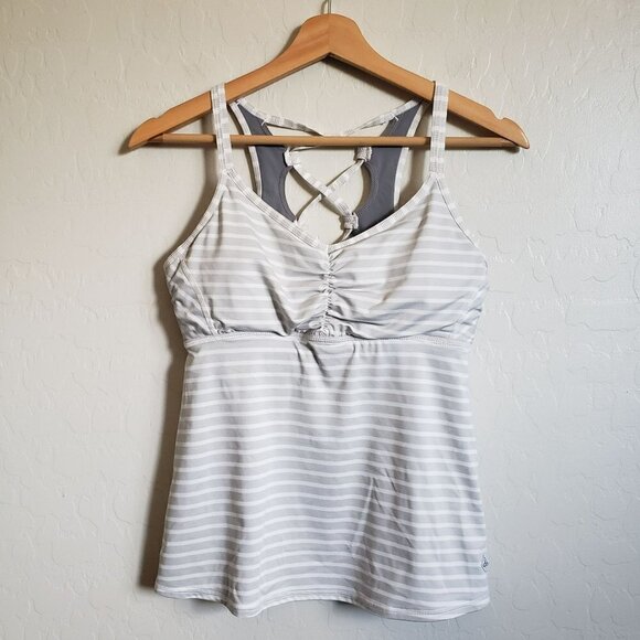PrAna Striped Filament Tank Top Yoga Criss Cross Back Grey/White Sz Womens Small - Picture 1 of 12